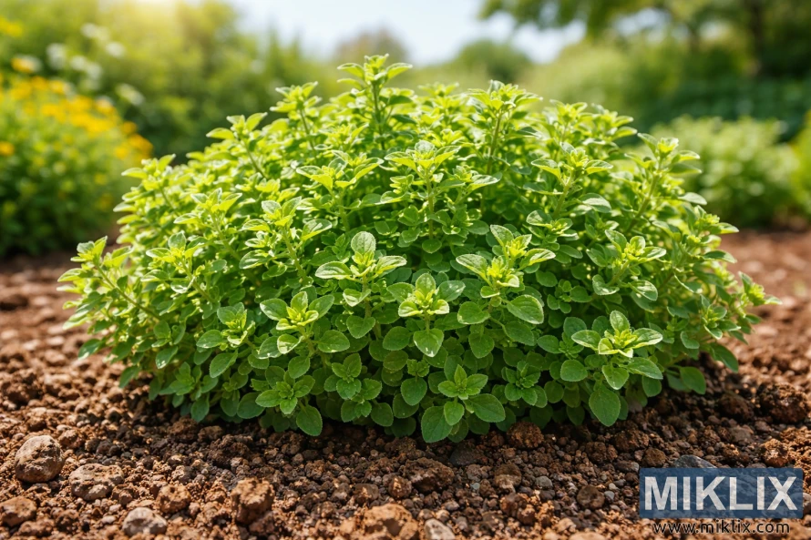 Lush oregano plant growing in well-drained soil under bright sunlight in a garden setting.