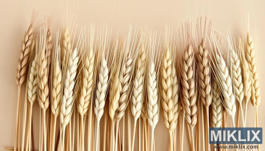 Nærbilde av forskjellige hvetekorn som viser teksturer og farger på en nøytral bakgrunn. Nærbilde av forskjellige hvetekorn som viser teksturer og farger på en nøytral bakgrunn.