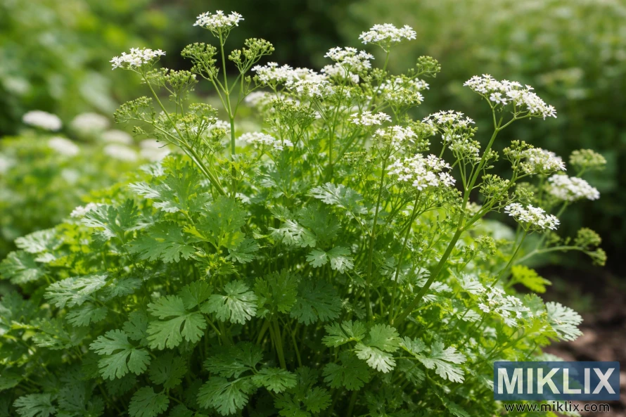 Cilantro plant showing dense green leaves at the base and tall stems topped with small white flowers in a garden setting.