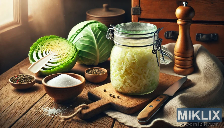 質樸的餐桌上擺放著玻璃罐裝的金色酸菜、新鮮高麗菜、刀子和海鹽。