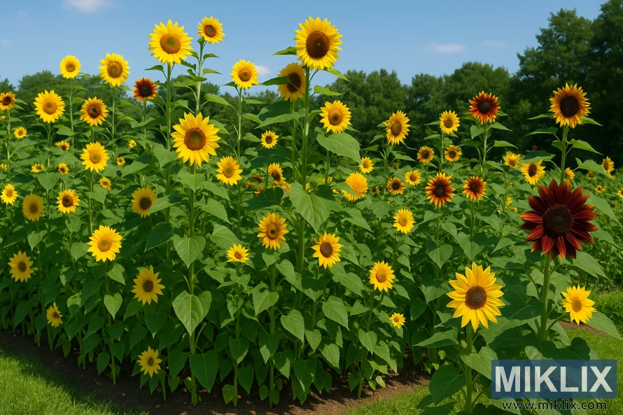 Ein lebendiger gemischter Sonnenblumengarten mit großen, mittelgroßen und Zwergsorten in Gelb-, Bronze-, Burgunder- und zweifarbigen Farbtönen unter einem strahlenden Sommerhimmel. Ein lebendiger gemischter Sonnenblumengarten mit großen, mittelgroßen und Zwergsorten in Gelb-, Bronze-, Burgunder- und zweifarbigen Farbtönen unter einem strahlenden Sommerhimmel.