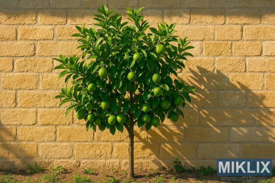 Healthy lime tree with glossy leaves and green fruit growing against a sunlit brick wall