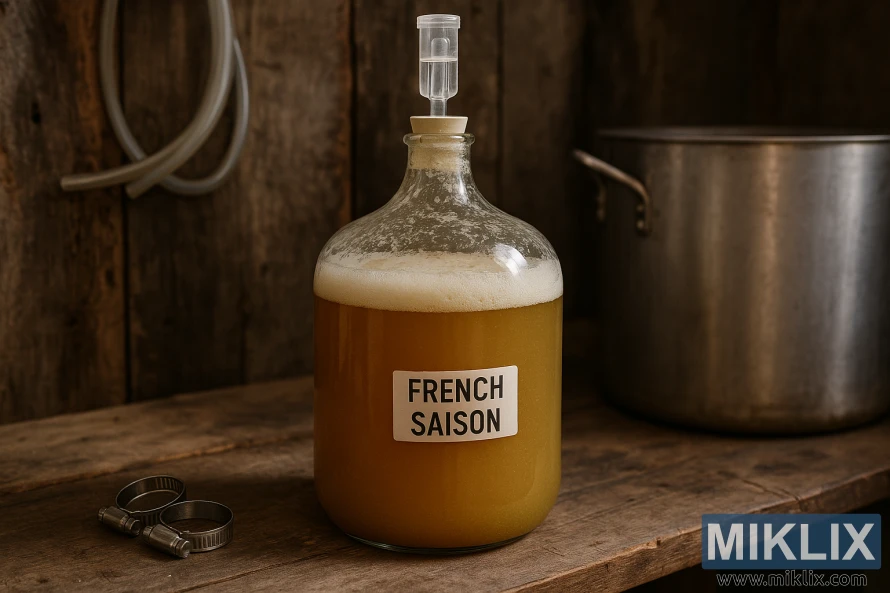 Сільський пейзаж зі скляним бутель, наповненим бродячим французьким пивом Saison, зверху піною та оснащеним гідрозатвором, встановленим на дерев'яній лавці з пивоварним обладнанням навколо.
