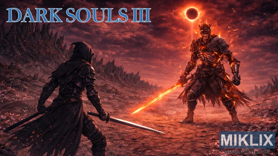 Մռայլ ֆանտաստիկ արվեստ. ստվերային զրահապատ զինվոր, որը դեմ առ դեմ է բարձրացող կրակե ասպետի հետ՝ բոցավառ սրով, արևի խավարման տակ, մոխրով ծածկված մարտադաշտում։