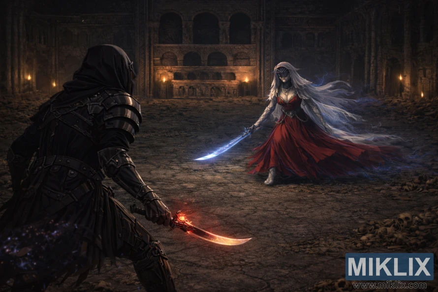 Dark fantasy scene of the Tarnished facing the Dancer of Ranah in a vast mausoleum, rendered in a realistic, painterly style before battle.