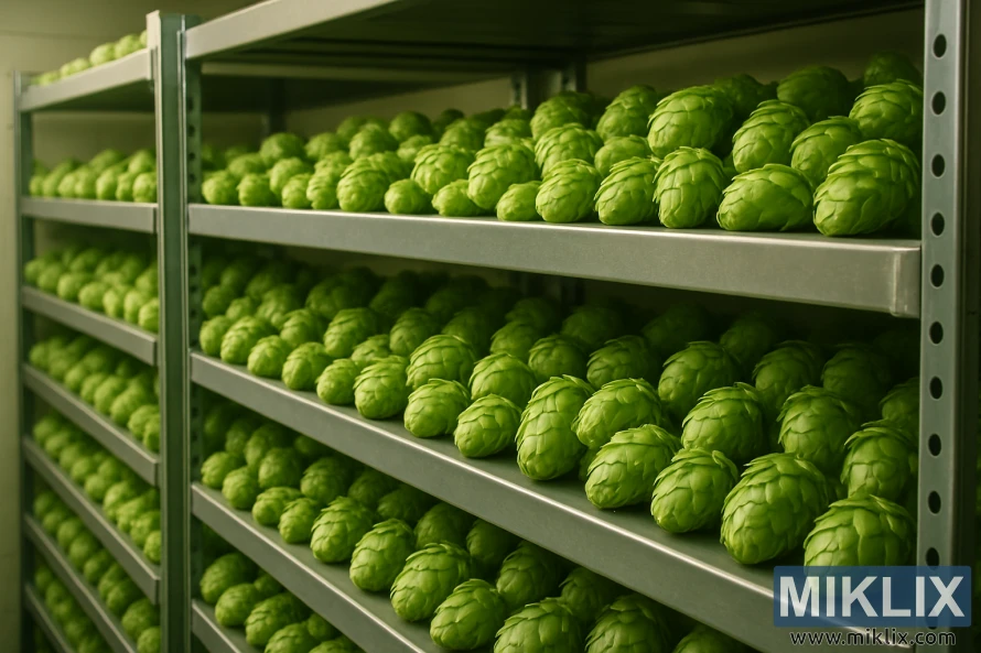 Nærbilde av pent stablede humlekjegler i et godt opplyst lageranlegg med organiserte stativer og myk belysning.