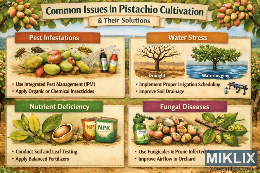 資訊圖表顯示了開心果種植中常見的病蟲害、缺水、營養缺乏和真菌病害等問題,並提供了切實可行的解決方案。 資訊圖表顯示了開心果種植中常見的病蟲害、缺水、營養缺乏和真菌病害等問題,並提供了切實可行的解決方案。