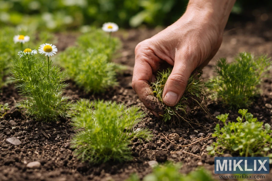 Close-up of a gardener’s hand gently pulling weeds from soil around young chamomile plants with green foliage and small white flowers.