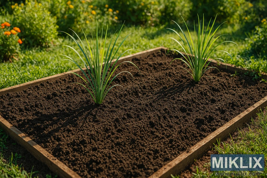 Landscape photo of a sunny garden bed with dark soil and young lemongrass plants