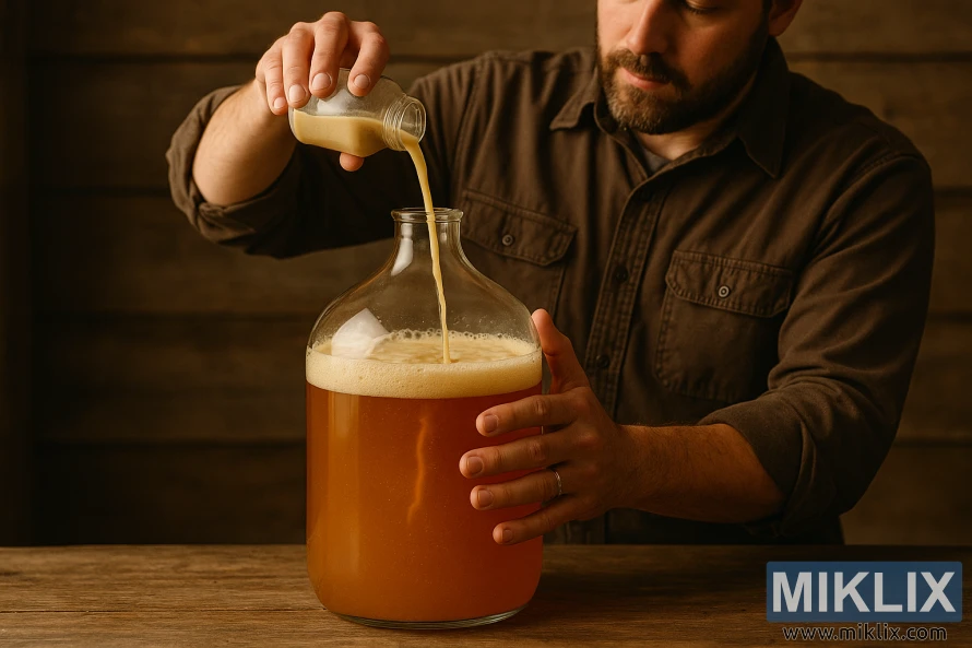 Homebrewer pour ragi cair menyang carboy kaca saka amber American Ale.