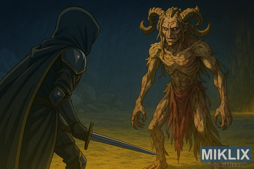 Anime-stil fan art av Tarnished in Black Knife-rustningen sett bakfra, vendt mot den groteske Lamenter-sjefen i en hule.