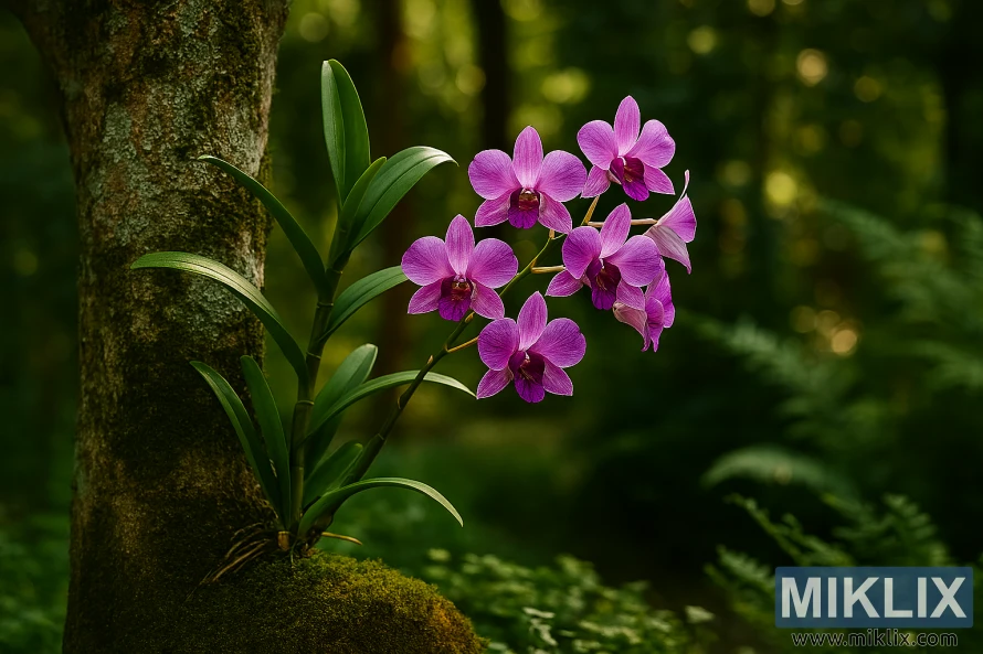 Des fleurs d'orchidées Dendrobium violettes poussent en épiphyte sur un tronc d'arbre recouvert de mousse dans un jardin ensoleillé