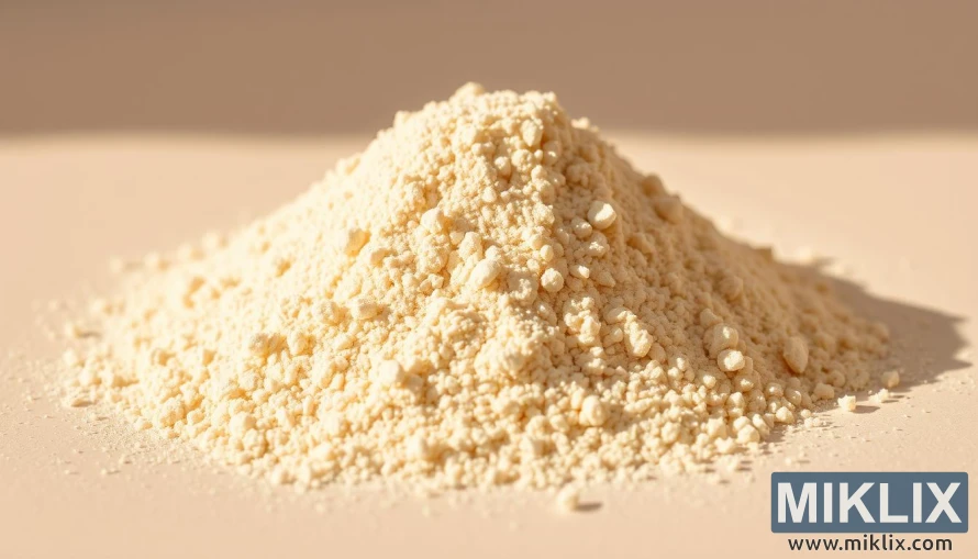 Close-up of organic psyllium husk powder in a soft pile on a neutral background.