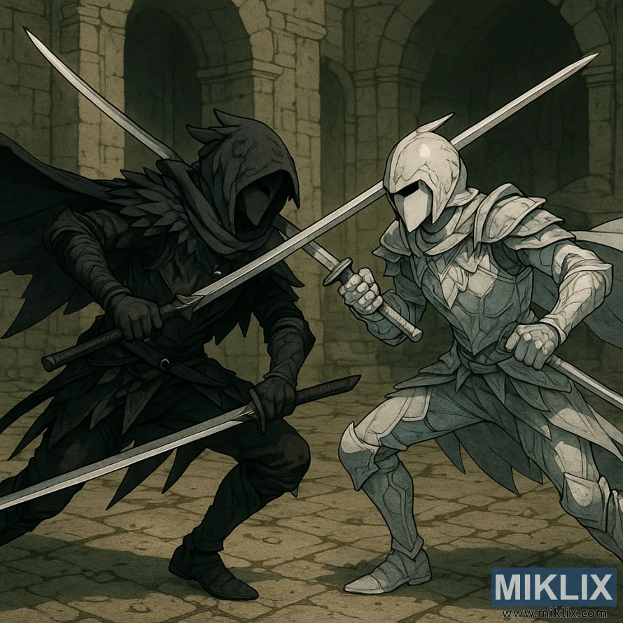 Mchoro wa mtindo wa uhuishaji wa shujaa aliyevalia vazi la Black Knife akipigana na toleo lake la rangi ya fedha katika jumba la kale la mawe. Mchoro wa mtindo wa uhuishaji wa shujaa aliyevalia vazi la Black Knife akipigana na toleo lake la rangi ya fedha katika jumba la kale la mawe.