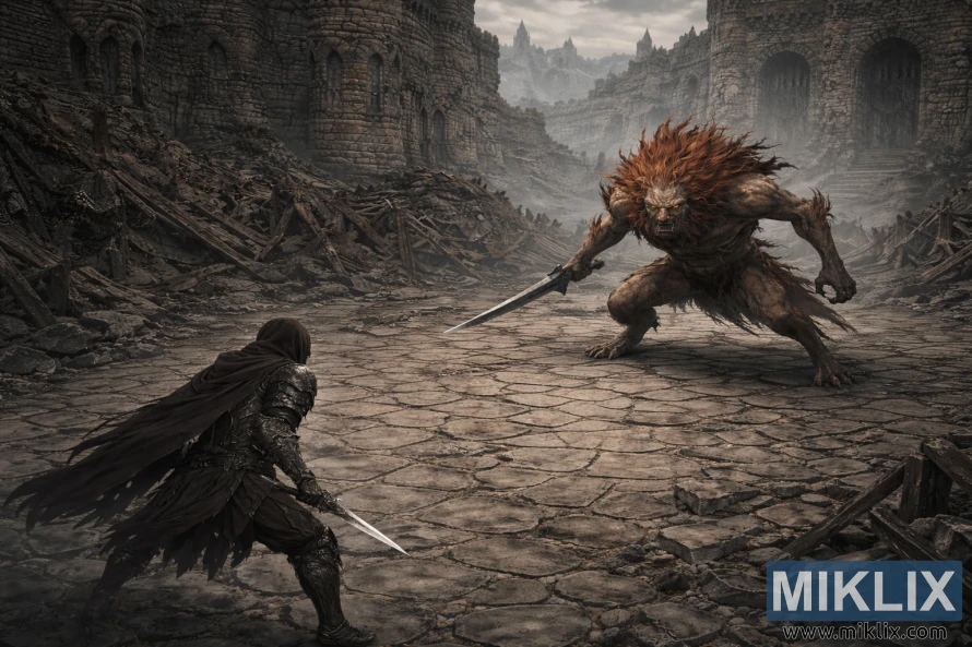 एक टूटे-फूटे पत्थर के महल के आंगन में एक ऊंचे आइसोमेट्रिक व्यू से, बख्तरबंद कपड़ों में योद्धा की सेमी-रियलिस्टिक डार्क फैंटेसी इमेज, जो एक बड़े शेर जैसे जानवर का सामना कर रहा है।