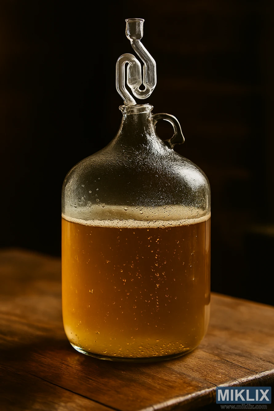 Ոսկեգույն բրիտանական գարեջրով լցված ապակե վագոն, որը մեղմորեն փրփրում է թափանցիկ S-աձև օդային փականի միջոցով՝ գեղջուկ փայտե սեղանի վրա Ոսկեգույն բրիտանական գարեջրով լցված ապակե վագոն, որը մեղմորեն փրփրում է թափանցիկ S-աձև օդային փականի միջոցով՝ գեղջուկ փայտե սեղանի վրա