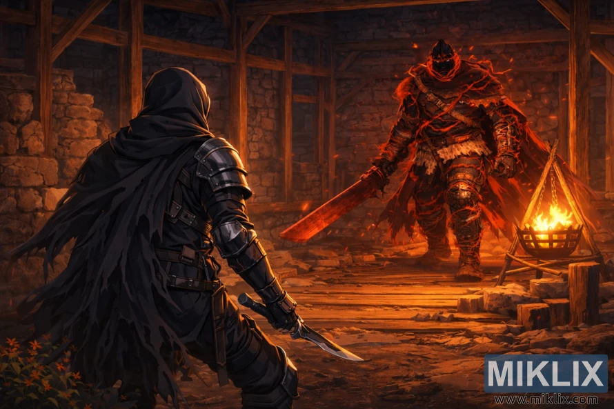 Umelecké dielo Elden Ring v anime štýle zobrazujúce Tarnished zozadu naľavo oproti Bell-Bearing Hunter oproti Warmaster's Chatrči, chvíľu pred začiatkom boja.