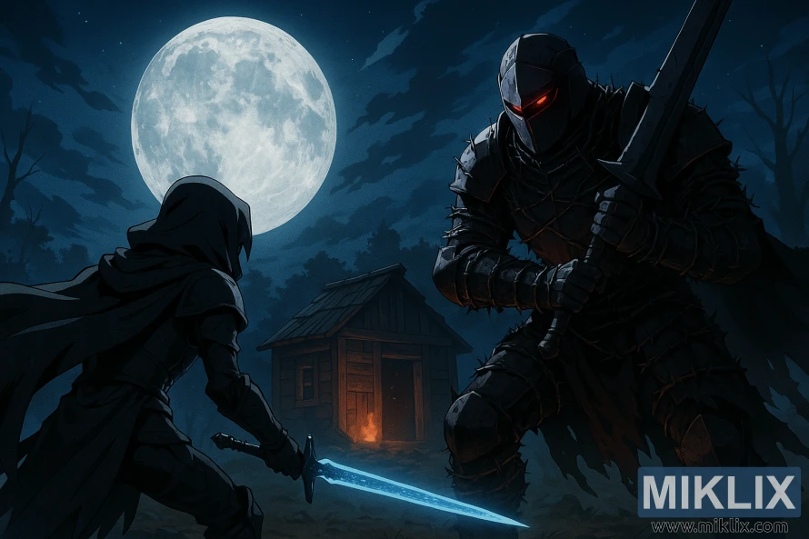 Anime-style Elden Ring fan art of a Tarnished in Black Knife armor facing the Bell Bearing Hunter wearing a full helmet and barbed-wire armor, near the Hermit Merchant's Shack under a bright moon. Anime-style Elden Ring fan art of a Tarnished in Black Knife armor facing the Bell Bearing Hunter wearing a full helmet and barbed-wire armor, near the Hermit Merchant's Shack under a bright moon.