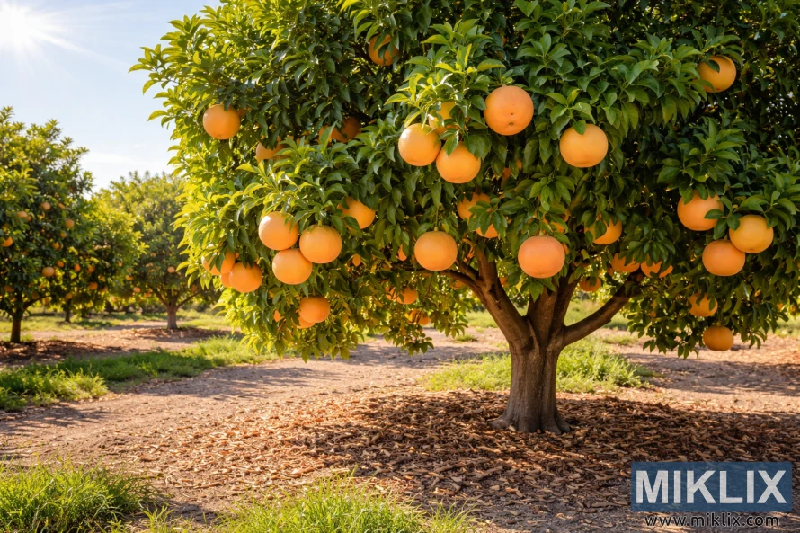 Árvore de toranja saudável com frutos maduros, crescendo em pleno sol, em solo bem drenado, em um pomar.
