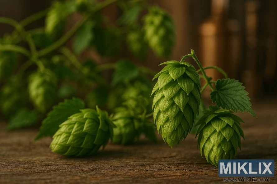 صورة مقرّبة لنباتات الجنجل الخضراء النابضة بالحياة من نوع ساتوس، موضوعة على خشب ريفي، مع معدات تخمير ضبابية في الخلفية.