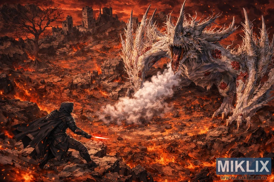 एल्डेन रिङमा रहेको क्यालिडको जलिरहेको रातो फोहोर जमिनको बीचमा सड्ने ड्र्यागन डिकेइङ एक्जाइक्सको सामना गर्दै टार्निश्ड इन ब्ल्याक नाइफ आर्मरको आइसोमेट्रिक एनिमे-शैलीको कलाकृति।