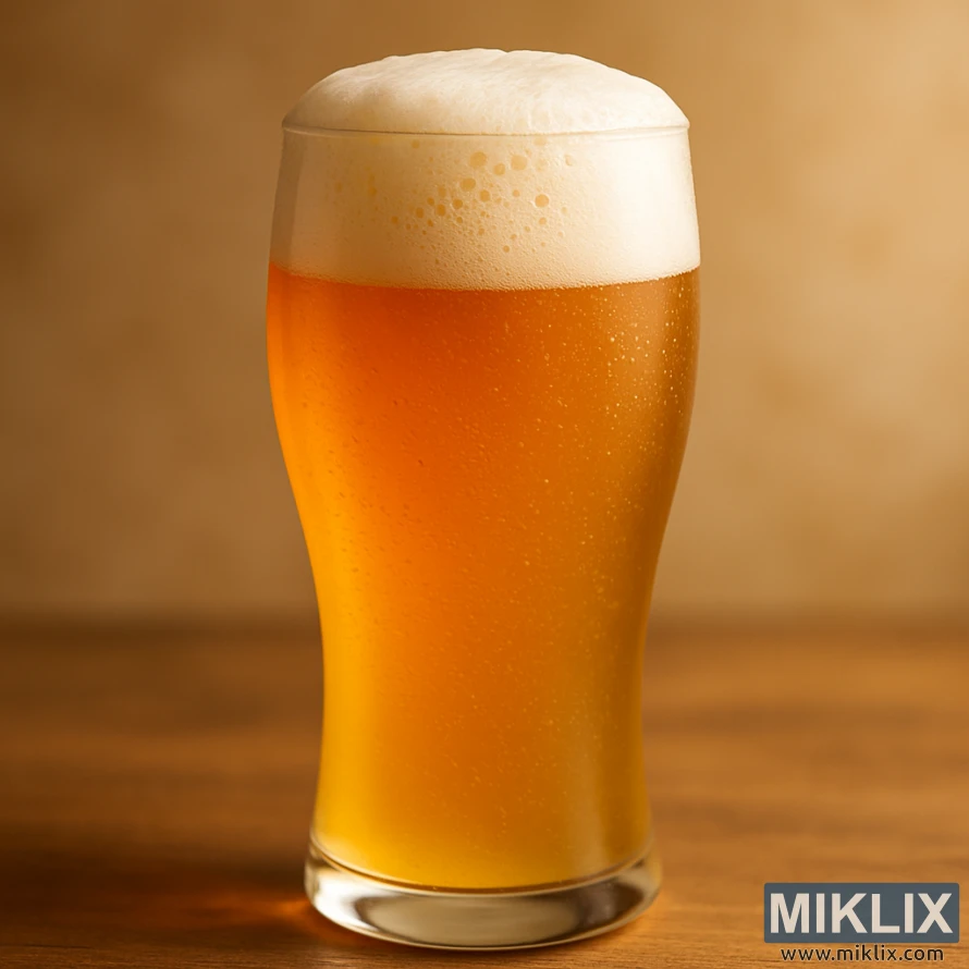 A tall glass of hazy golden Hefeweizen topped with thick creamy foam, condensation on the glass, and effervescent bubbles rising in soft warm lighting.