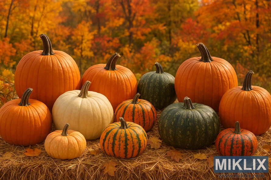 Assorted pumpkins of various sizes and colors arranged on straw with autumn foliage in the background