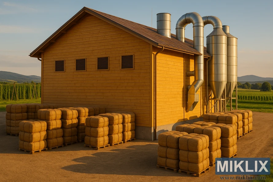 Купища бали хмел, увити в зебло, стоят пред дървено съоръжение за съхранение на хмел с високи силози и вентилационни канали, разположено на фона на хълмове и зелени хмелови полета, огряни от топла слънчева светлина. Купища бали хмел, увити в зебло, стоят пред дървено съоръжение за съхранение на хмел с високи силози и вентилационни канали, разположено на фона на хълмове и зелени хмелови полета, огряни от топла слънчева светлина.