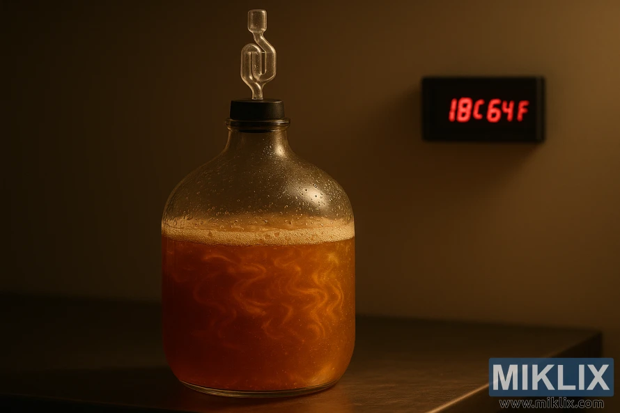 Glassdunk med gjærende ravfarget øl på rustfritt stål med digital temperaturvisning. Glassdunk med gjærende ravfarget øl på rustfritt stål med digital temperaturvisning.