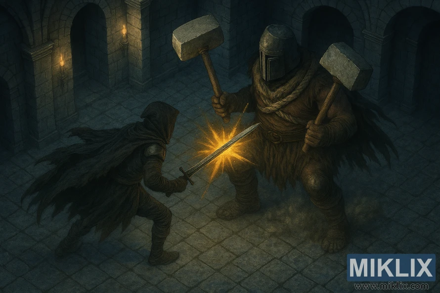 Ultra-realistic battle scene of Tarnished fighting Grave Warden Duelist with dual hammers in Elden Ring