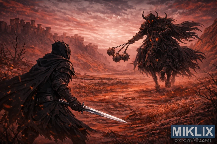 Wide anime-style scene of the Tarnished seen from behind on the left holding a sword while the Night’s Cavalry approaches on a skeletal horse with a three-balled flail across the red wastelands of Caelid.