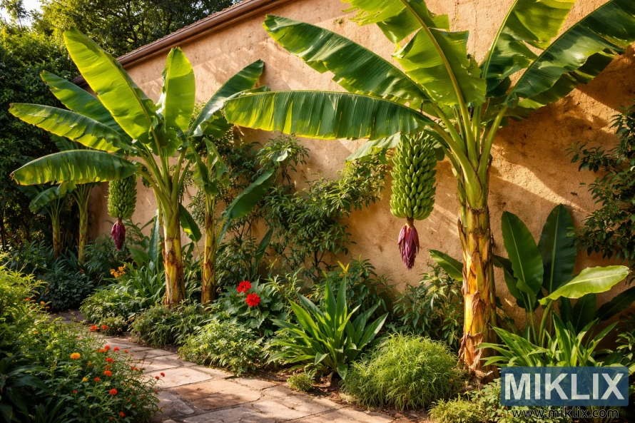 Banana plants with broad green leaves and hanging fruit growing in a sheltered microclimate against a sunlit south-facing wall.