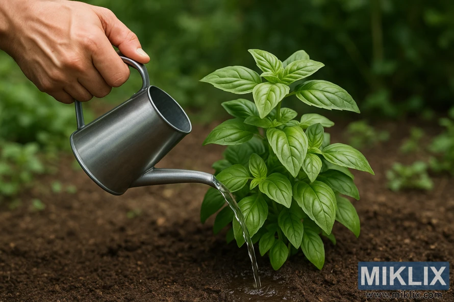 Handvattna en basilikaplanta vid basen med en liten vattenkanna av metall. Handvattna en basilikaplanta vid basen med en liten vattenkanna av metall.