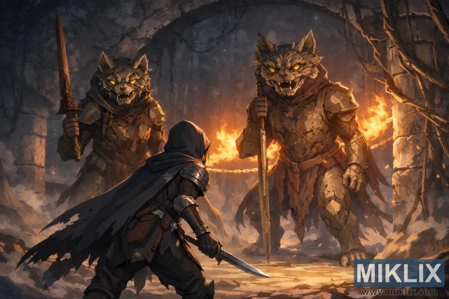 Scena in stile anime dell'armatura Tarnished in Black Knife che affronta due Erdtree Burial Watchdogs in una catacomba infuocata poco prima della battaglia.