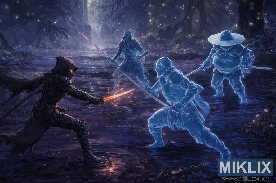 Seni penggemar gaya anime saka waja Tarnished in Black Knife sing nglawan memedi Fia's Champions ing Deeproot Depths sing mencorong saka Elden Ring.