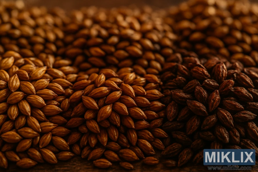 Krupni plan karamelnih i kristalnih sladova u rasponu od svijetlo jantarne do tamne rubin boje pod toplim osvjetljenjem.