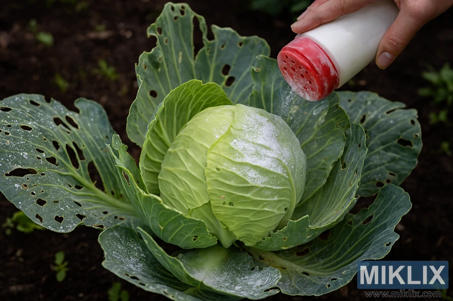 Cabbage plant with visible cabbage worm damage being treated with organic pest control powder