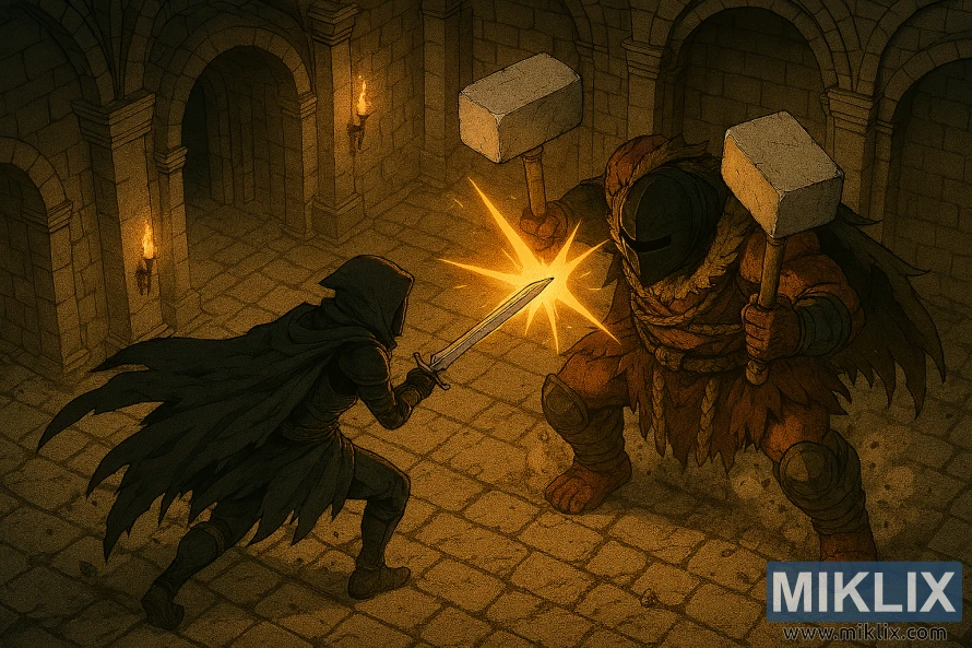 Anime-style battle scene of Tarnished fighting Grave Warden Duelist in Auriza Side Tomb