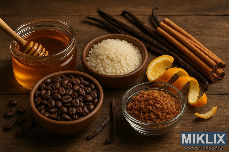 소박한 나무 표면에 커피콩, 바닐라, 계피, 감귤 껍질이 놓여 있습니다.