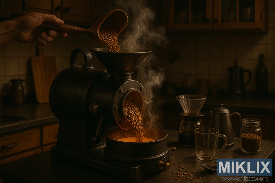 Vintage kaffebrenner i dunkelt kjøkken med maltkorn som brenner og damp som stiger opp i varm glød.
