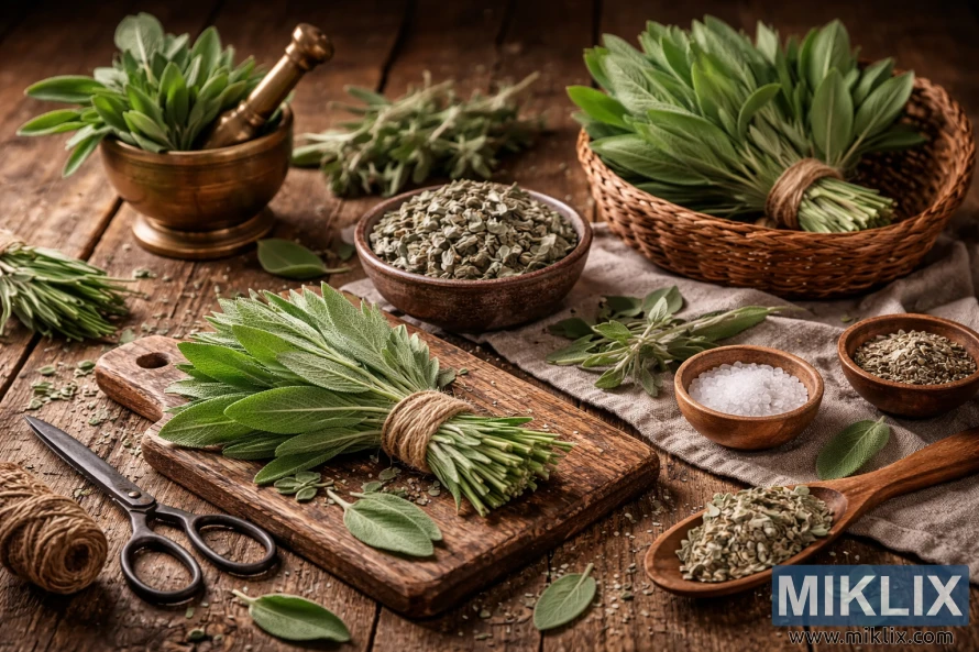 新鮮和乾燥的鼠尾草,與碗、研缽和研杵,以及一把老式剪刀一起擺放在一張質樸的木桌上。 新鮮和乾燥的鼠尾草,與碗、研缽和研杵,以及一把老式剪刀一起擺放在一張質樸的木桌上。