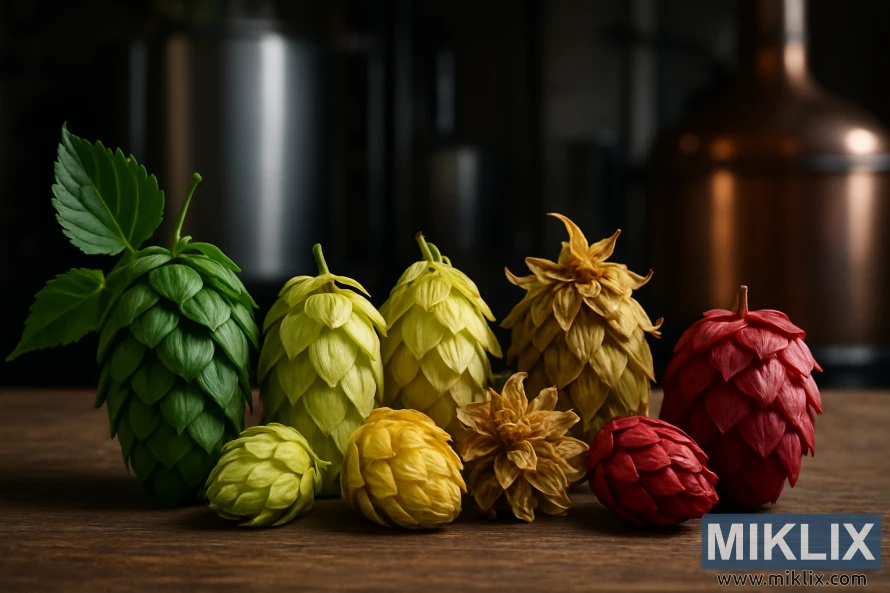 Assorterte humlekegler i grønt, gult og rødt med tørkede blomster i et stilleben, bryggetanker uskarpe i bakgrunnen.