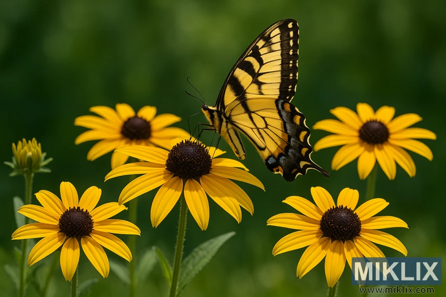 An Eastern Tiger Swallowtail butterfly perched on a bright yellow Black-Eyed Susan flower surrounded by green foliage. An Eastern Tiger Swallowtail butterfly perched on a bright yellow Black-Eyed Susan flower surrounded by green foliage.