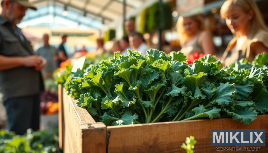 ସୂର୍ଯ୍ୟାଲୋକିତ ବଜାରରେ ଏକ କାଠ ବାକ୍ସରେ ସତେଜ କେଲ୍, ପ୍ରାକୃତିକ ଆଲୋକରେ ଝଲସୁଥିବା କୁଞ୍ଚିତ କୁଞ୍ଚିତ ପତ୍ର ସହିତ। ସୂର୍ଯ୍ୟାଲୋକିତ ବଜାରରେ ଏକ କାଠ ବାକ୍ସରେ ସତେଜ କେଲ୍, ପ୍ରାକୃତିକ ଆଲୋକରେ ଝଲସୁଥିବା କୁଞ୍ଚିତ କୁଞ୍ଚିତ ପତ୍ର ସହିତ।