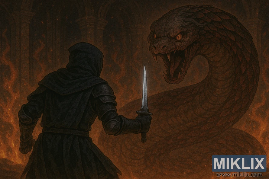 Yanğın və xarabalıqlar arasında nəhəng ilanla üz-üzə duran Qara zirehdə ləkələnmiş anime üslublu sənət əsəri.