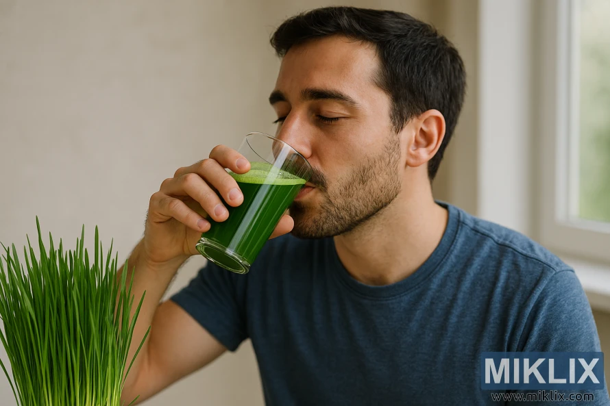 Man enjoying a glass of fresh wheatgrass juice beside a window Man enjoying a glass of fresh wheatgrass juice beside a window