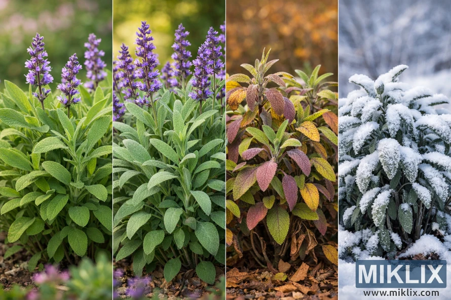 景觀四聯畫,展現了鼠尾草在春、夏、秋、冬四個季節的變化,著重描繪了葉子、花朵和天氣的變化。 景觀四聯畫,展現了鼠尾草在春、夏、秋、冬四個季節的變化,著重描繪了葉子、花朵和天氣的變化。