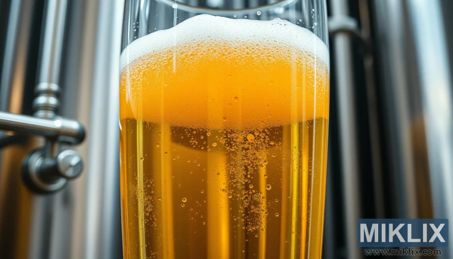 Nærbilde av gylden pilsnerøl som gjærer med bobler og skum i et glasskar.