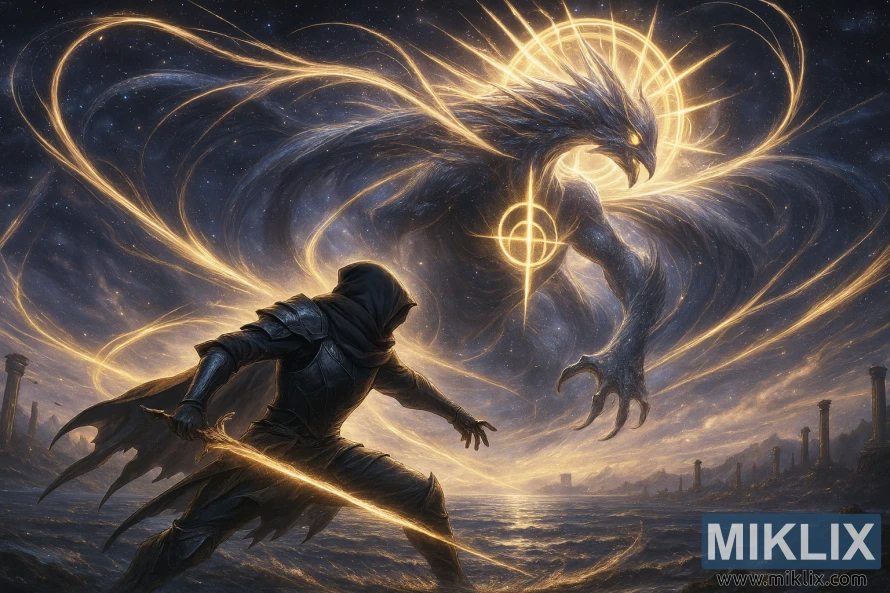 Anime-style scene of a cloaked Black Knife warrior facing a radiant cosmic Elden Beast in swirling golden starlight.
