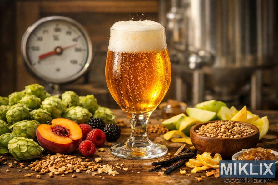 Golden amber beer in a tulip glass surrounded by hops, malted barley, fruits, and brewing elements under warm light, illustrating beer fermentation and flavor complexity.